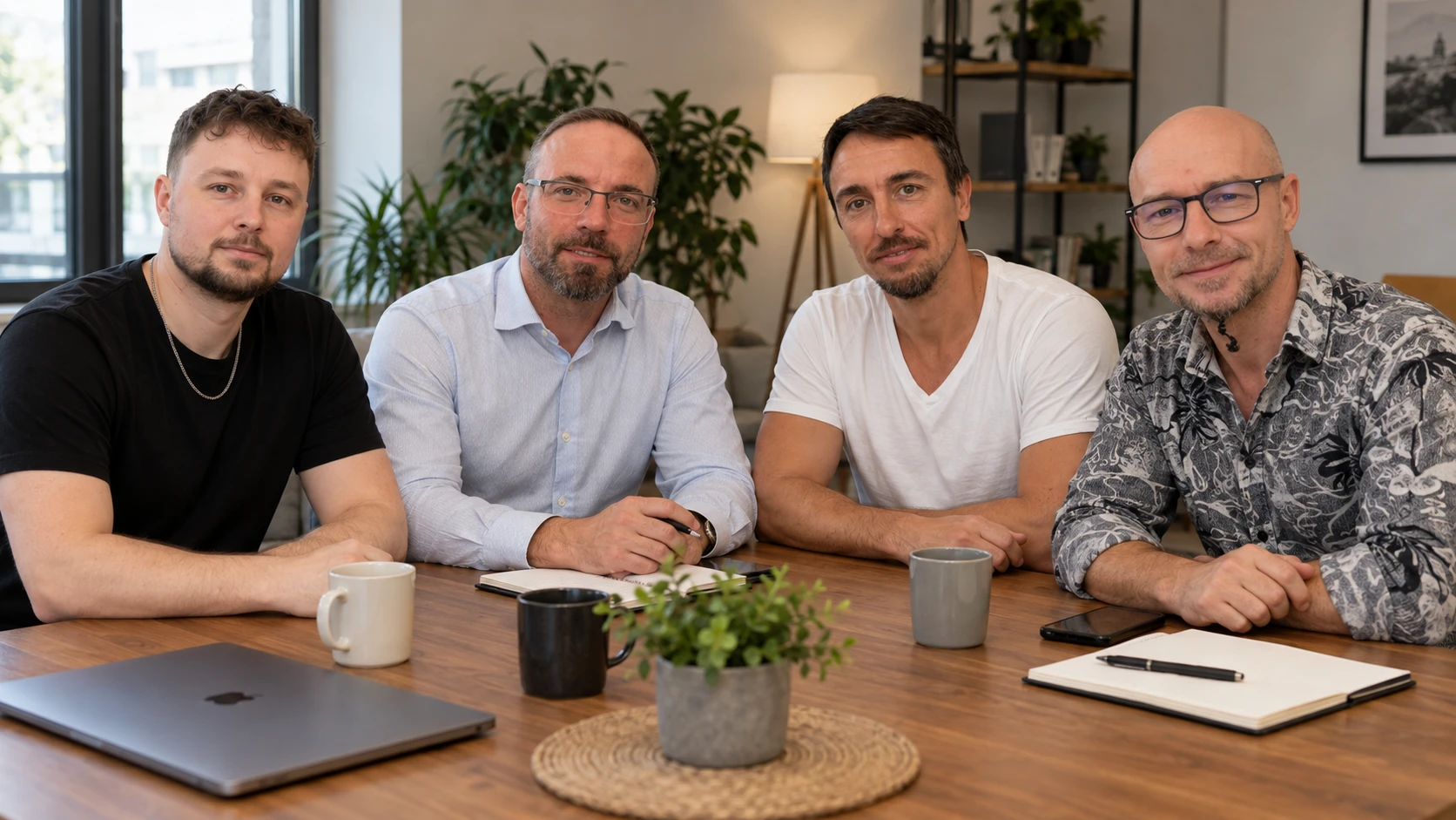 Florian Buchmann, Bastian Oswald, Mathias Fröhlich und Markus Oeser am Besprechungstisch